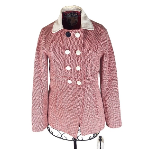 Women's  Zara Pink Double-Breasted Pea Coat Houndstooth Pattern Size Small - Picture 2 of 16